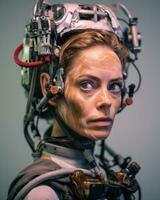 a woman wearing a helmet with wires attached to her head generative AI photo