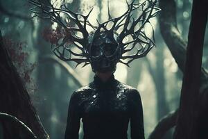 a woman wearing a mask in the woods generative AI photo