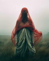 un mujer vistiendo un rojo velo soportes en un campo generativo ai foto