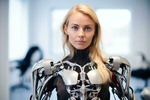 a woman wearing a robot suit in an office generative AI photo