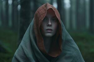 a woman wearing a hooded robe in the woods generative AI photo