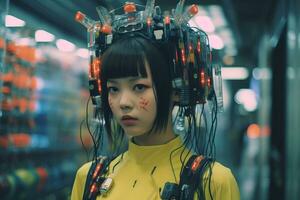 a woman wearing a headpiece with wires attached to it generative AI photo