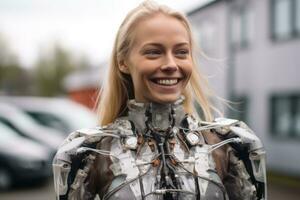a woman wearing a robot suit smiles for the camera generative AI photo