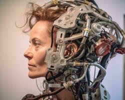 a woman wearing a robot head with wires attached to it generative AI photo