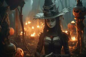 a woman wearing a witch hat in the woods with pumpkins generative AI photo