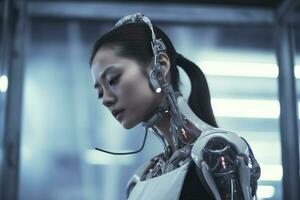 a woman wearing an apron with a headset on her head generative AI photo