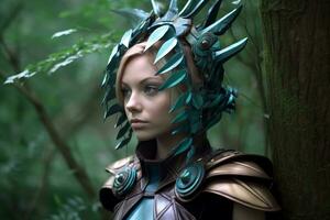 a woman wearing armor and a headdress in the woods generative AI photo