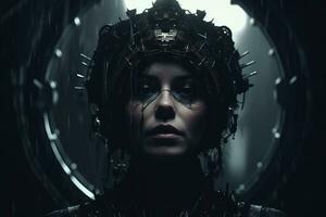 a woman with a headpiece in a dark room generative AI photo