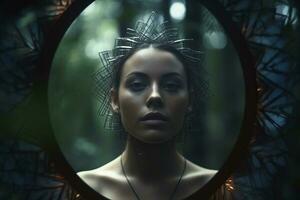 a woman with a crown on her head in front of a mirror generative AI photo