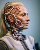 a woman wearing an artificial head with wires attached to it generative AI photo
