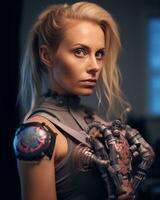 a woman with a robot arm holding a gun generative AI photo