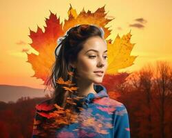 a woman with a maple leaf on her head in front of an autumn sunset generative AI photo