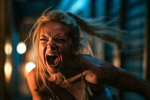 a woman with blood all over her face screaming in the dark generative AI photo
