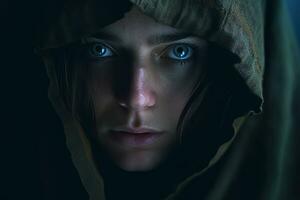 a woman with blue eyes in the dark generative AI photo