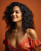 a woman with curly hair posing in front of an orange background generative AI photo