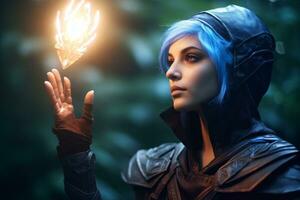 a woman with blue hair holding a flame in her hand generative AI photo