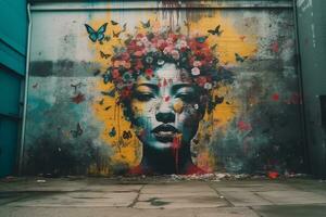 un mujer con flores en su cabeza es pintado en un pared generativo ai foto