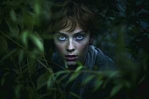 un mujer con azul ojos en el bosque generativo ai foto