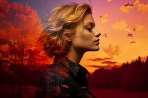 a woman with her eyes closed in front of an autumn sunset generative AI photo