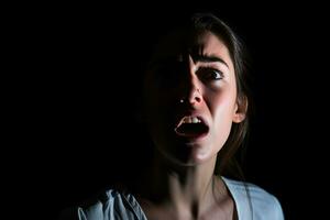 a woman with her mouth open in the dark generative AI photo