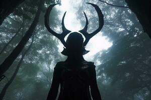 a woman with horns standing in the middle of a forest generative AI photo