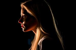 a woman with long blonde hair in the dark generative AI photo