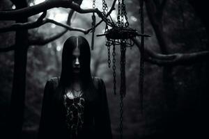 un mujer con largo negro pelo en pie en el bosque generativo ai foto