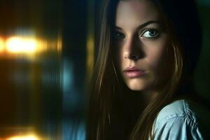 a woman with long brown hair is looking at the camera generative AI photo