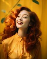 a woman with long red hair smiling generative AI photo