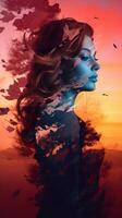 a woman with long hair and a sunset in the background generative AI photo