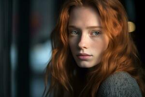 a woman with long red hair looking at the camera generative AI photo
