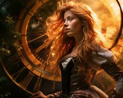 a woman with long red hair standing in front of a clock generative AI photo