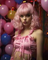 un mujer con rosado pelo posando en frente de globos generativo ai foto