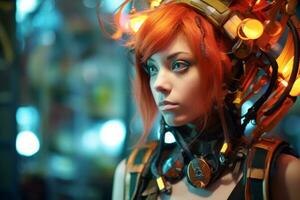 a woman with orange hair wearing a futuristic headpiece generative AI photo