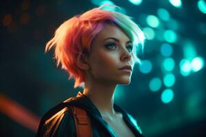 a woman with pink hair standing in front of a neon light generative AI photo