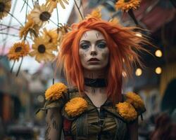 a woman with orange hair and makeup standing in front of sunflowers generative AI photo