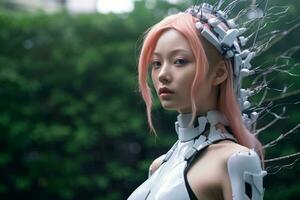 un mujer con rosado pelo vistiendo un robot disfraz generativo ai foto