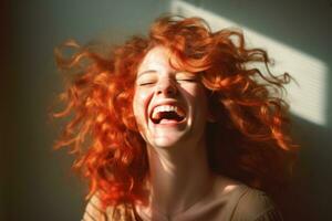 a woman with red curly hair laughing generative AI photo