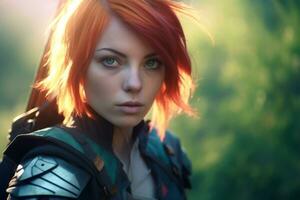 a woman with red hair and armor standing in the woods generative AI photo