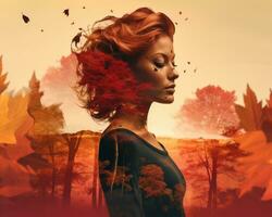 a woman with red hair and autumn leaves in the background generative AI photo