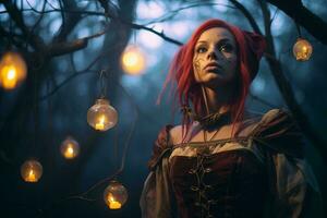 a woman with red hair in a forest with string lights generative AI photo
