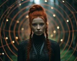 a woman with red hair and braids standing in front of a circle of lights generative AI photo