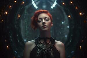 un mujer con rojo pelo en un oscuro túnel generativo ai foto