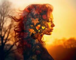 un mujer con rojo pelo y hojas en su pelo generativo ai foto