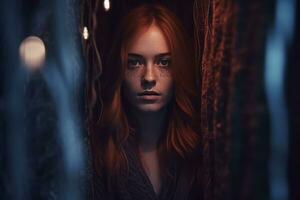 a woman with red hair in a dark room generative AI photo