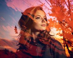 a woman with red hair in front of trees generative AI photo