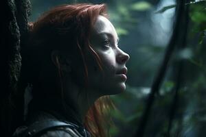 a woman with red hair in the woods generative AI photo