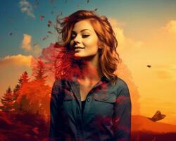 a woman with red hair is standing in front of an autumn scene generative AI photo