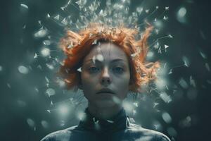 a woman with red hair is surrounded by dandelions generative AI photo