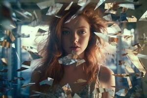 a woman with red hair is surrounded by broken glass generative AI photo